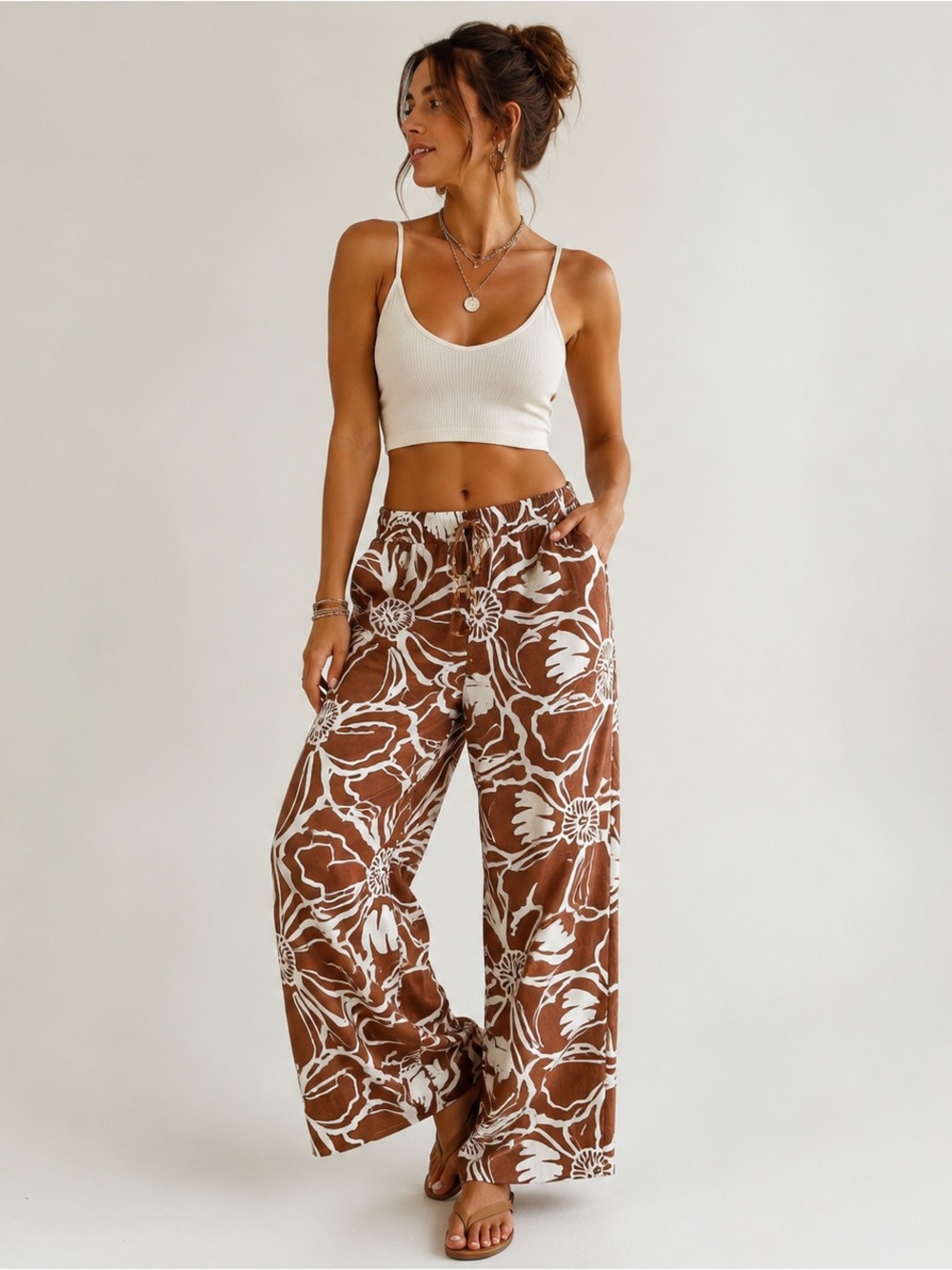 Haven + Blair Wide Leg Pull On Pants L Brown Floral Rayon Linen Boho NWT
